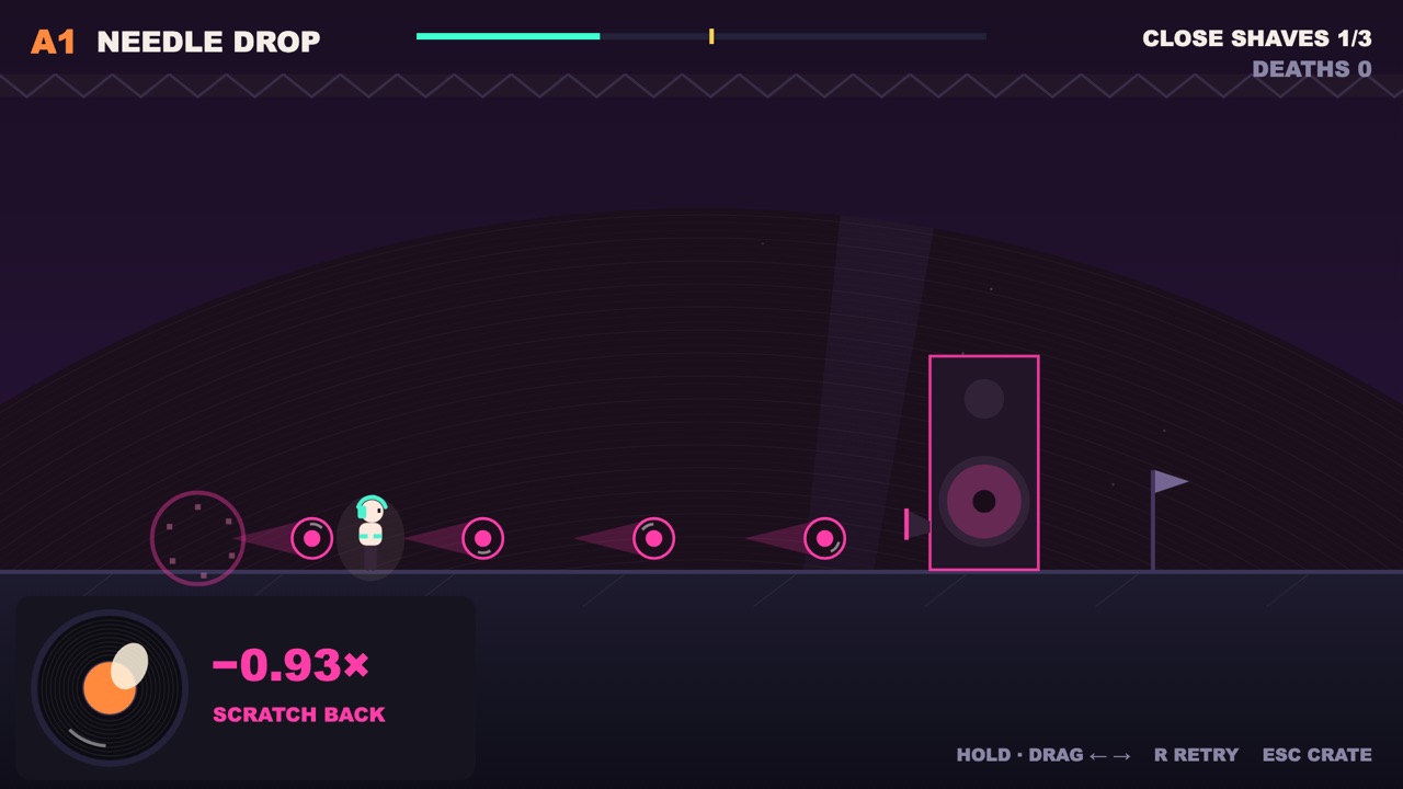 Track one: the record at minus 0.93 times, SCRATCH BACK, the runner jogging between pink discs that are flying back toward the speaker on the right