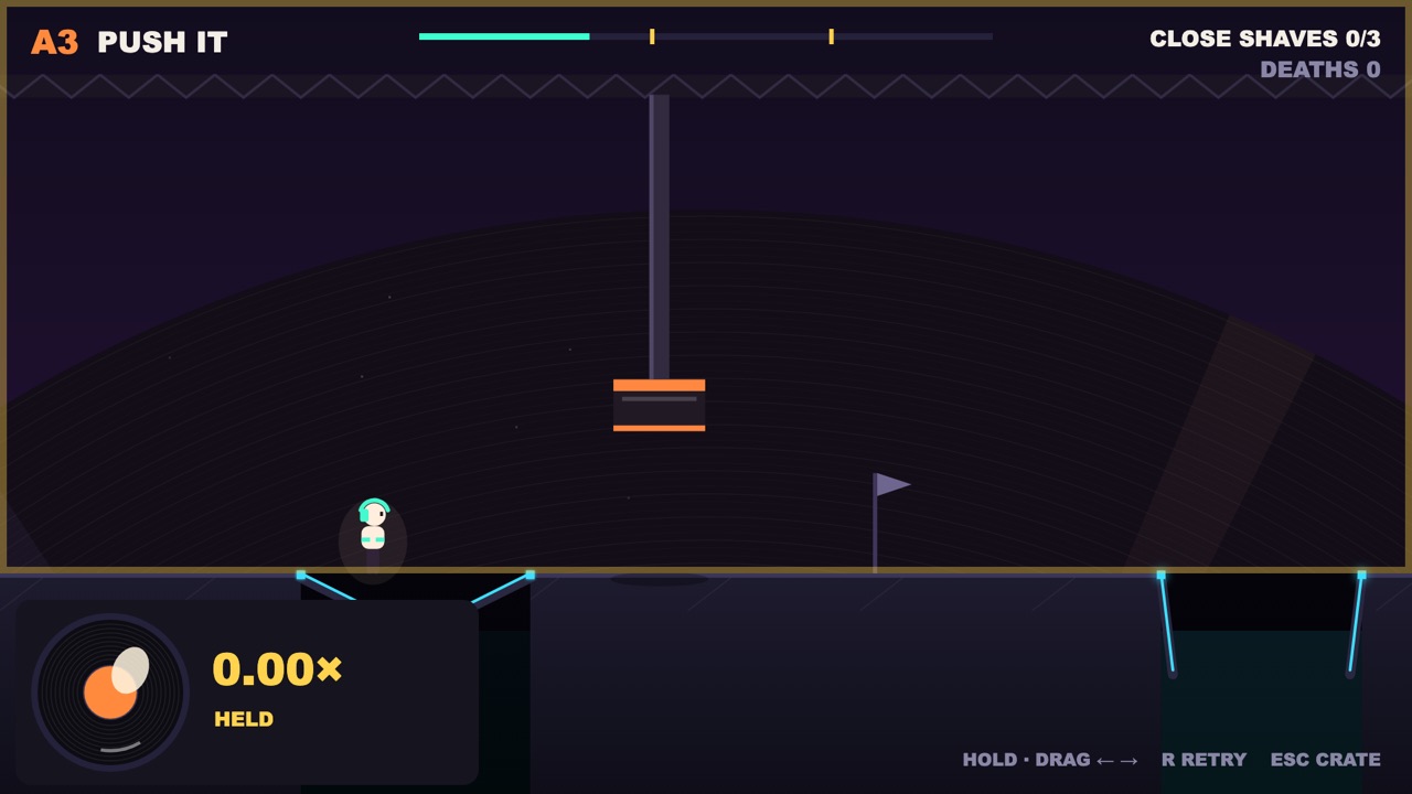 Track A3 PUSH IT with the record held at 0.00 times and the screen edged in gold. The runner stands over a trapdoor that has just shut, its flaps frozen mid-swing, with an open trapdoor ahead.