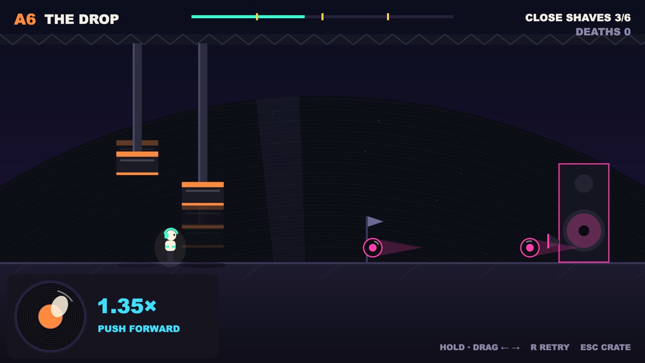 Track A6 THE DROP at 1.35 times, PUSH FORWARD, two crushers on either side of the runner and a speaker firing ahead