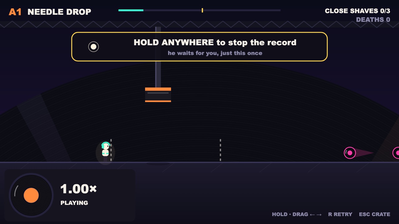 Track one: the runner stopped at a chalk line short of a crusher, pink discs already flying in from the right, with the coach box reading HOLD ANYWHERE to stop the record, he waits for you, just this once